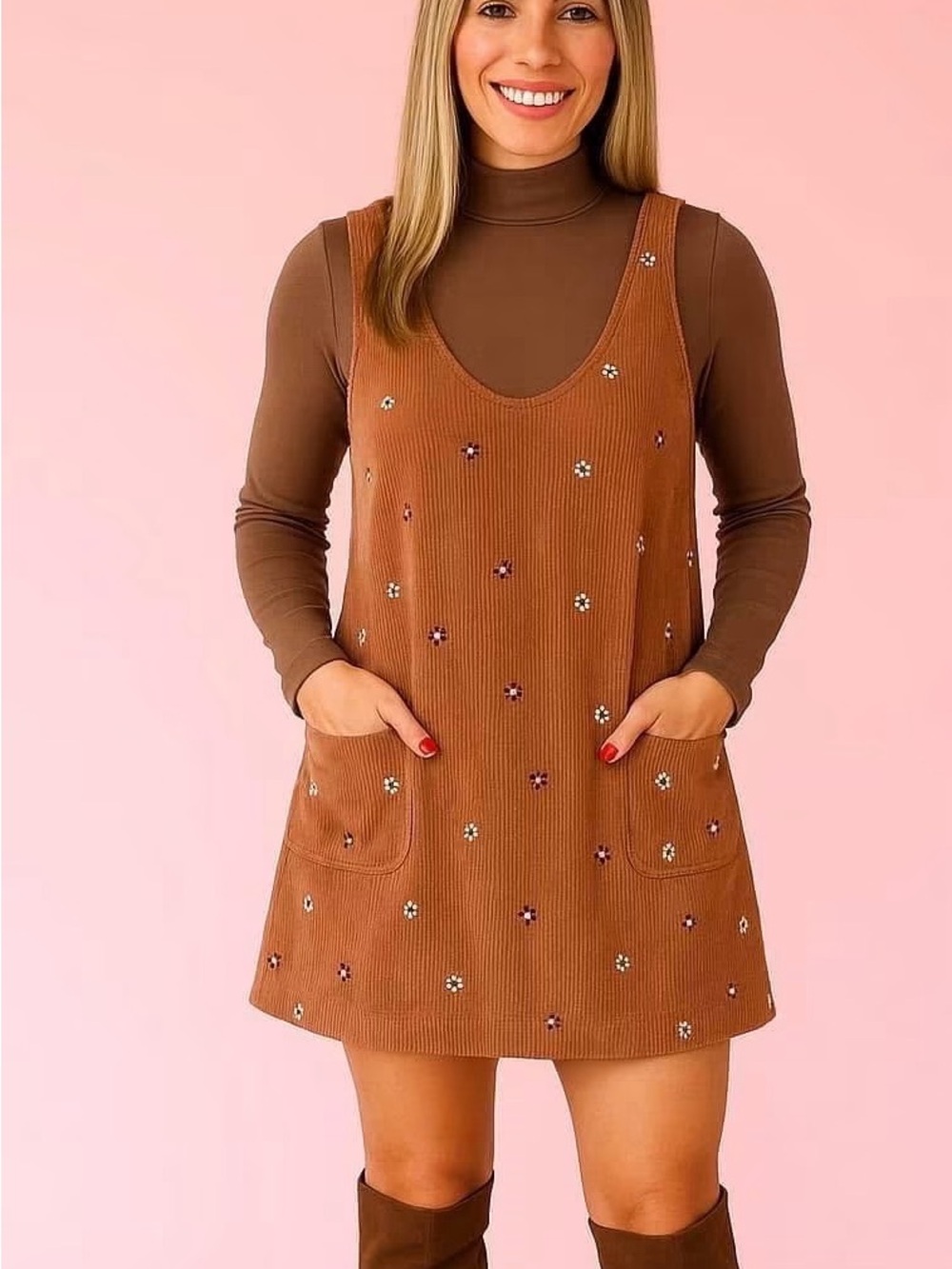 Embroidered Corduroy Pinafore Dress in Brown